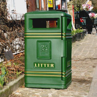 Brunel Litter Bin in Deep Green with gold bands.