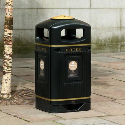 Glasdon Jubilee Litter Bin with gold bands and crest detail.