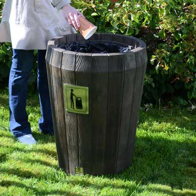 Sherwood Litter Bin in dark oak with an open top.