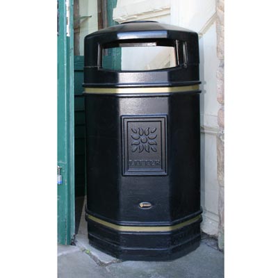 Stanford Litter Bin in Black with Gold bands.